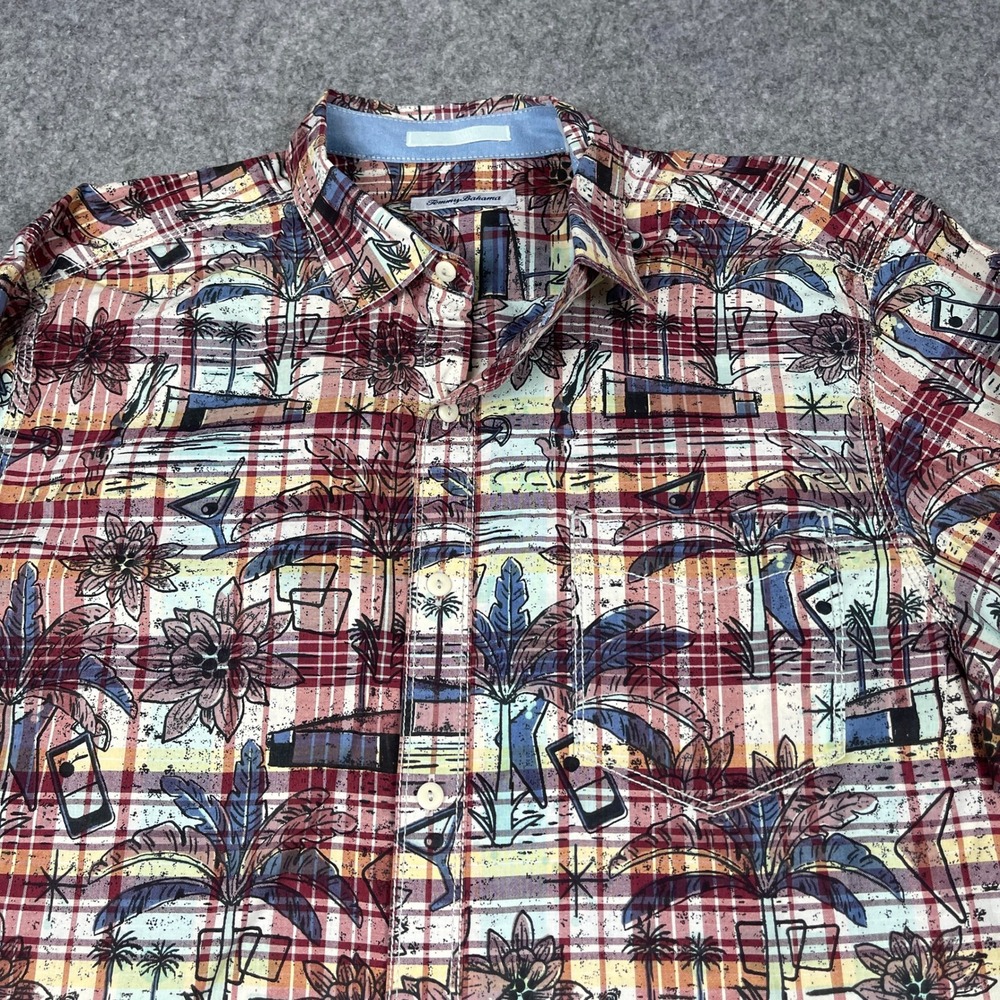 Tommy Bahama Palm Springs Plaid Long Sleeve Camp Shirt Men XL Tropical Palm Tree